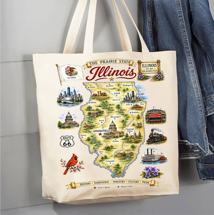 Illinois State Map Landmark Canvas Tote Bag