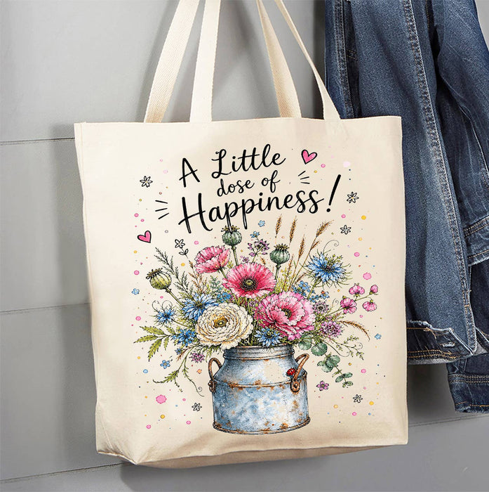 A Little does of Happiness Flowers Canvas Tote Bag