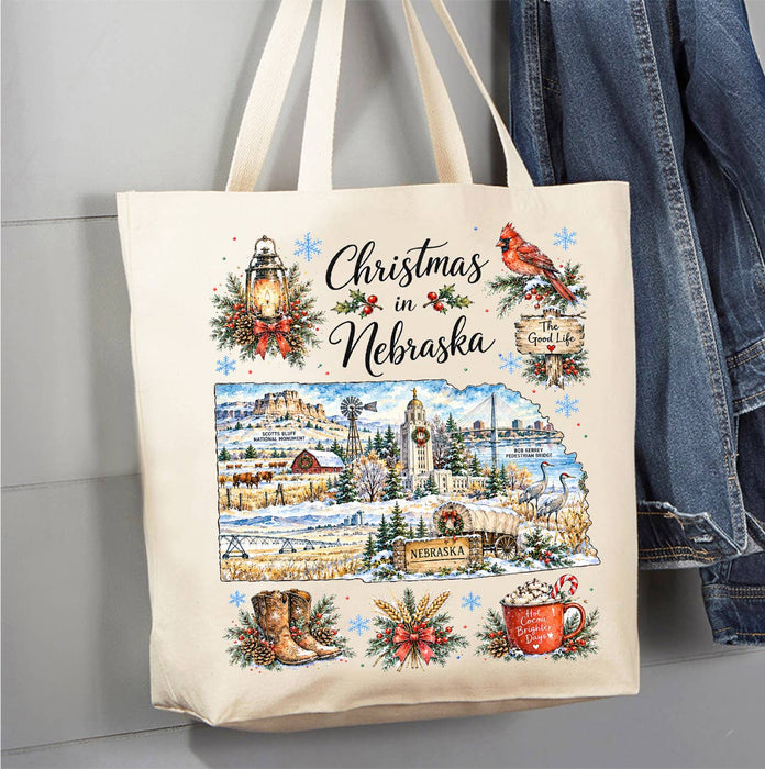 Christmas in Nebraska State Map Canvas Tote Bag