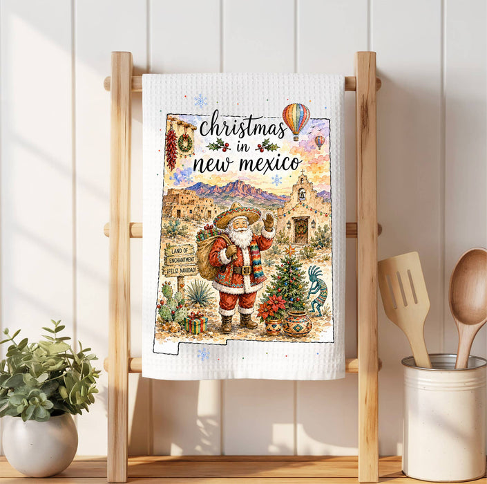 Christmas in New Mexico State Map Waffle Weave Towel
