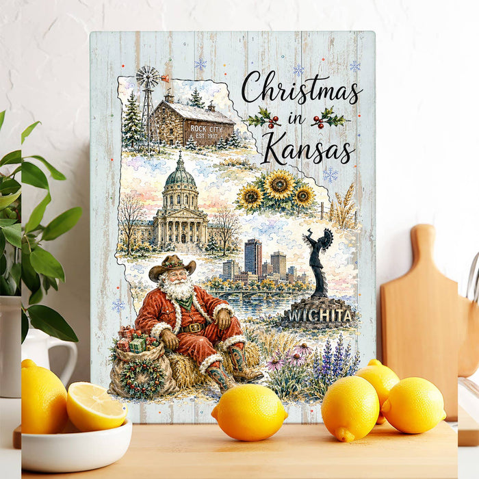 Christmas in Kansas State Map Glass Cutting Board