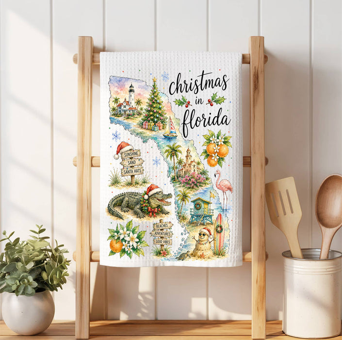 Christmas in Florida State Map Waffle Weave Towel