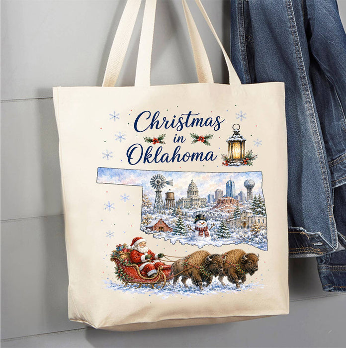 Christmas in Oklahoma State Map Canvas Tote Bag