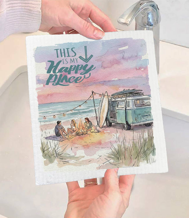 Camping on the Beach happy place Swedish Dishcloth