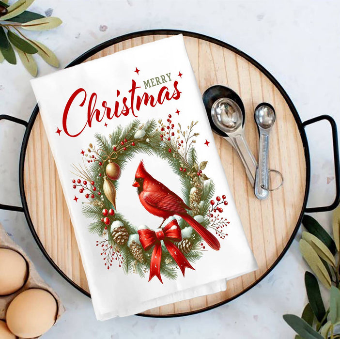 Merry Christmas Wreath Cardinal Bird Tea Towel