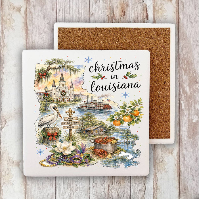 Christmas in Louisiana State Map Stone Coaster