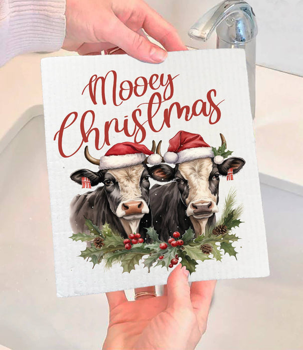 Mooey Christmas Cows Farm Swedish Dishcloth