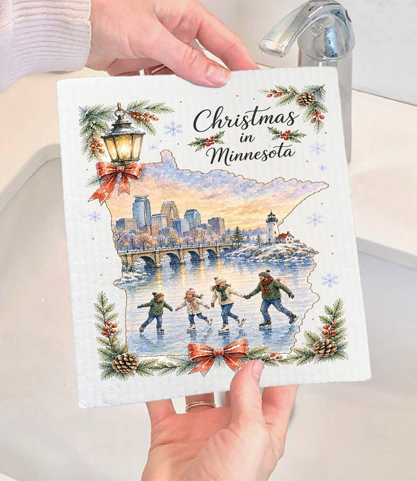 Christmas in Minnesota State Map Swedish Dishcloth