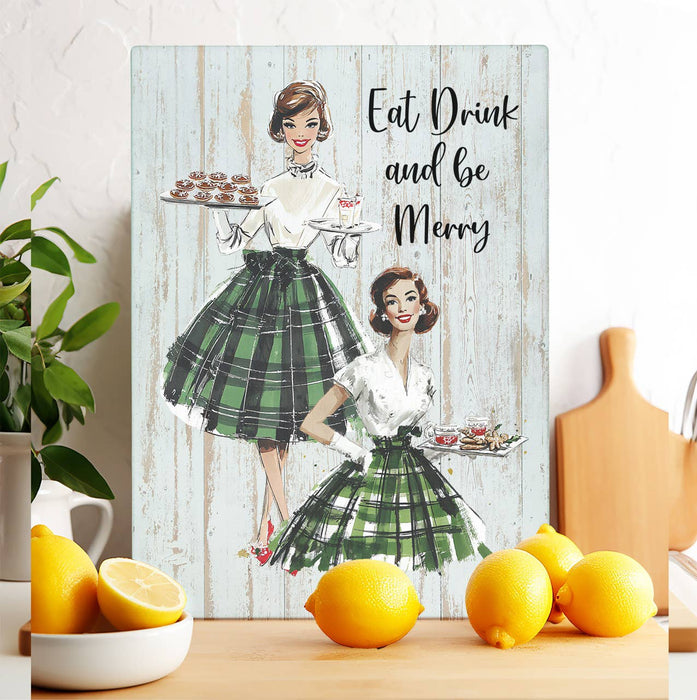 Retro Christmas Ladies Eat and be Merry Glass Cutting Board