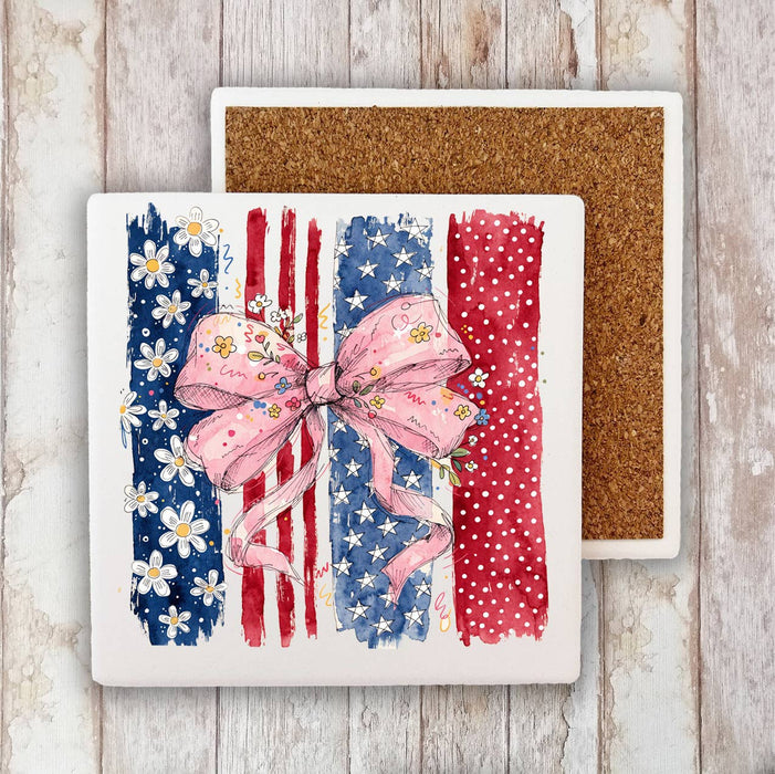 Patriotic red White Blue Bow Stone Coaster