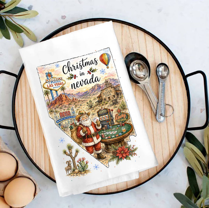 Christmas in Nevada State Map Tea Towel