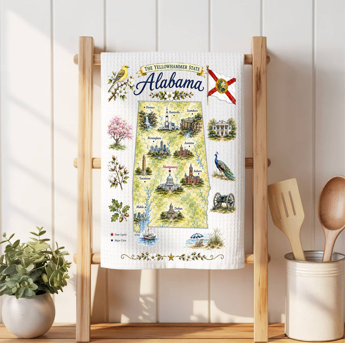 Alabama State Map Landmark Waffle Weave Towel