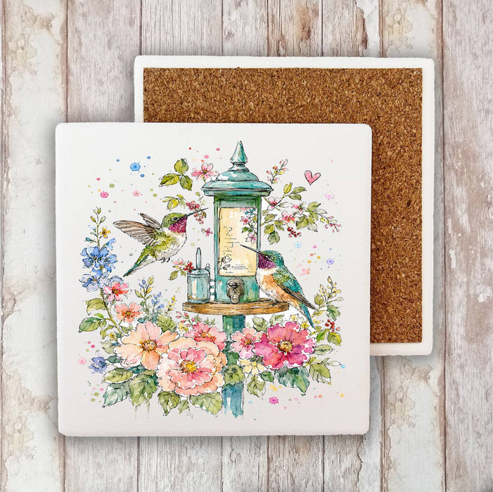 Spring Flowers Hummingbirds Stone Coaster