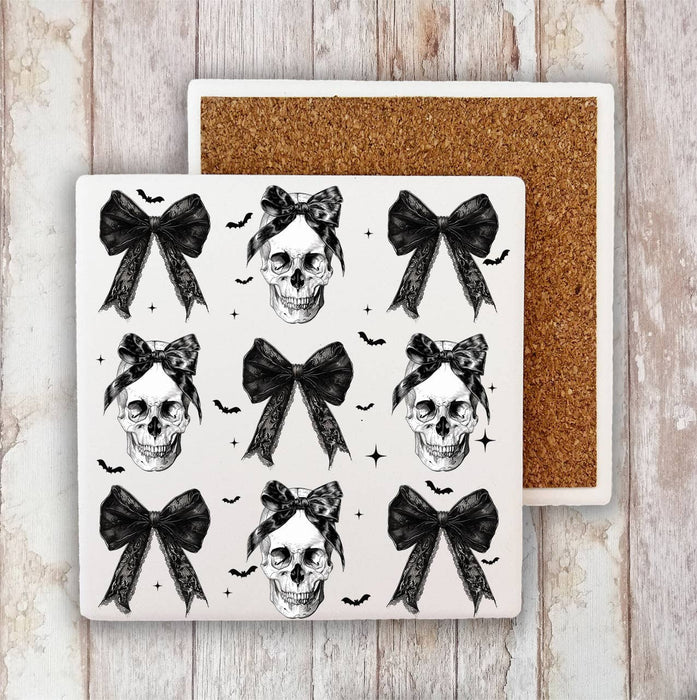 Halloween Skeltons and Bows Stone Coaster