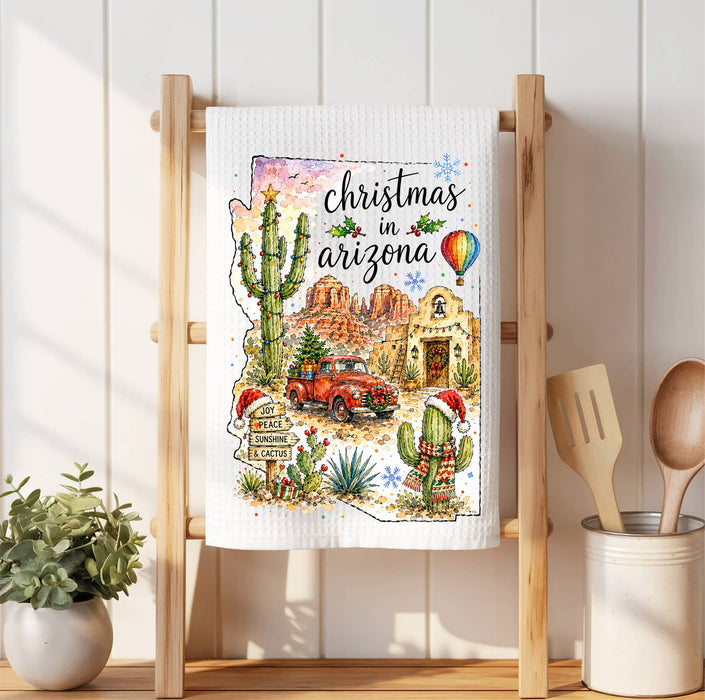 Christmas in Arizona State Map Waffle Weave Towel