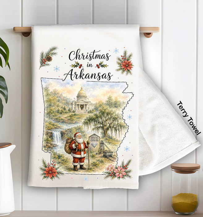 Christmas in Arkansas State Map Kitchen Terry Towel