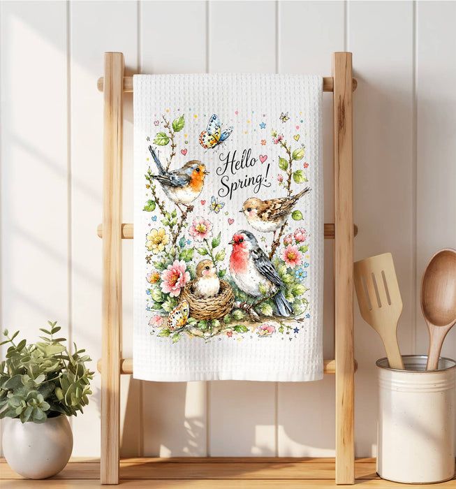 Hello Spring Flowers Birds Waffle Weave Towel