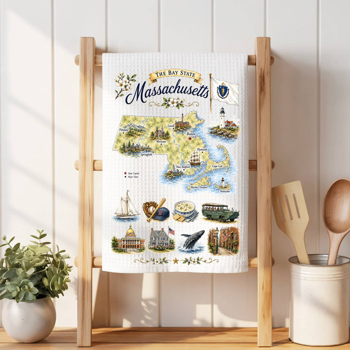 Massachusetts State Map Landmark Waffle Weave Towel