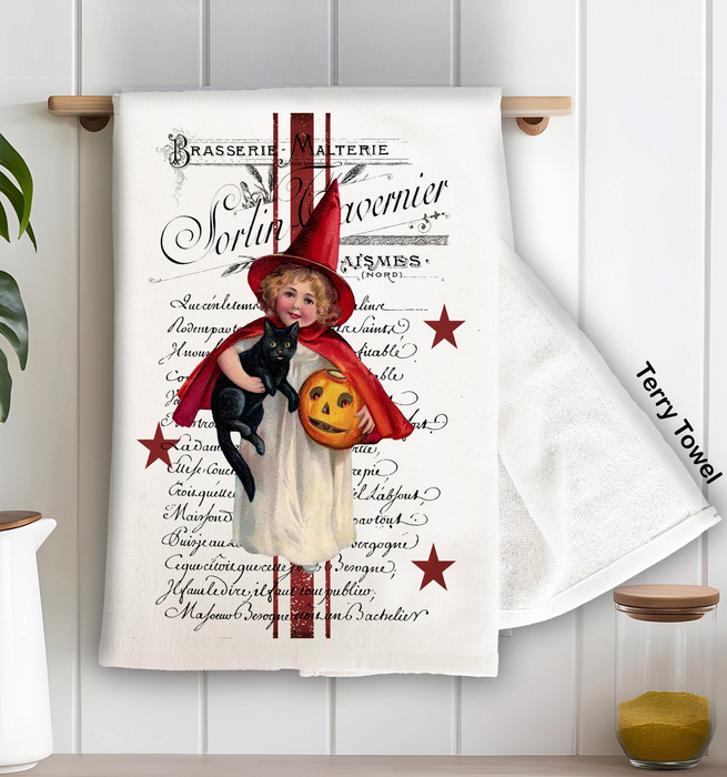 Halloween Vintage French Black Cat Kitchen Terry Towel