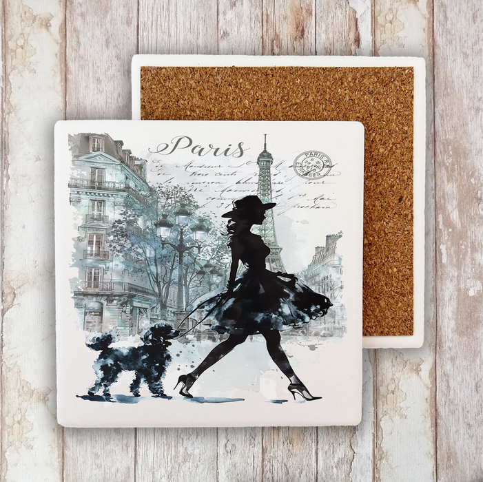 Paris French Girl Walking Dog Stone Coaster