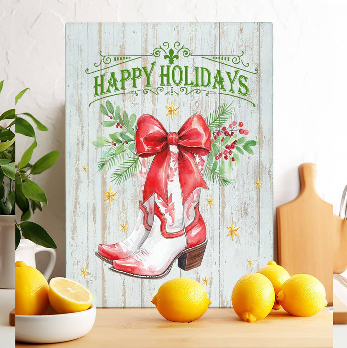 Christmas Happy Holidays Cowboy Boot Glass Cutting Board