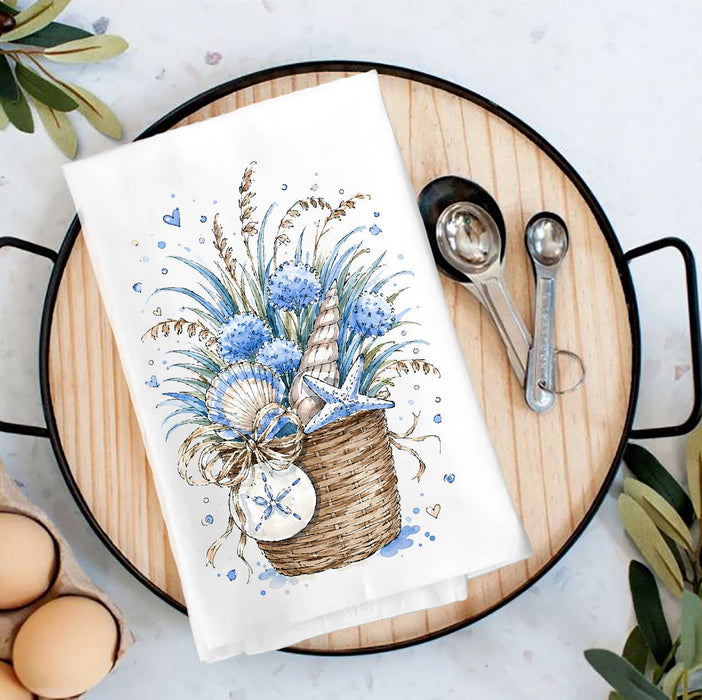 Coastal Blue Baskets of Shells Bouquet Tea Towel