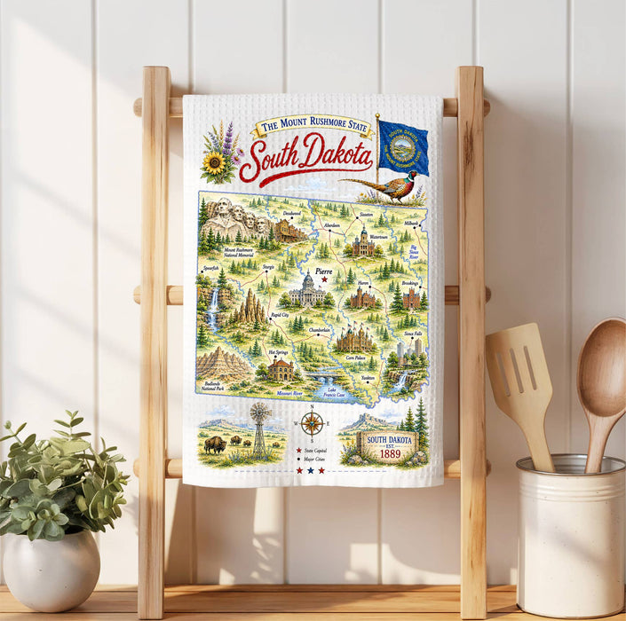South Dakota State Map Landmark Waffle Weave Towel