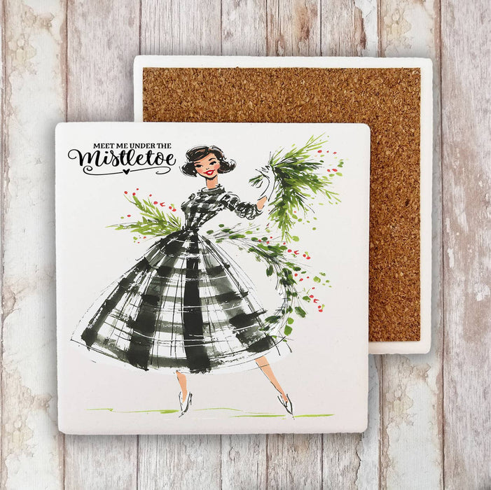 Retro Christmas Meet me Mistletoe Stone Coaster