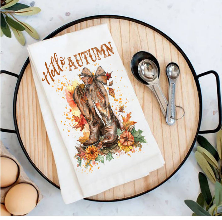 Hello Autumn Fall Cowboy Boots Tea Towel