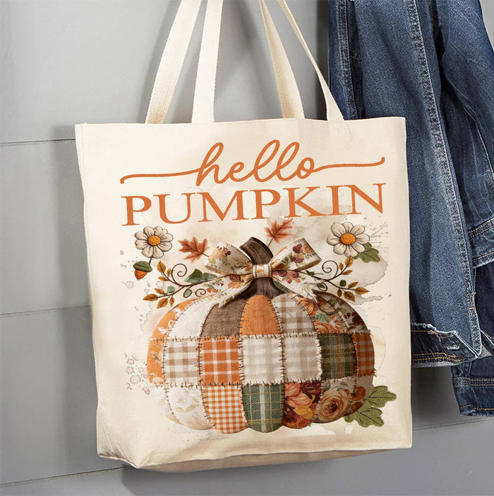 Fall Hello Pumpkin Quilted Patch  Canvas Tote Bag