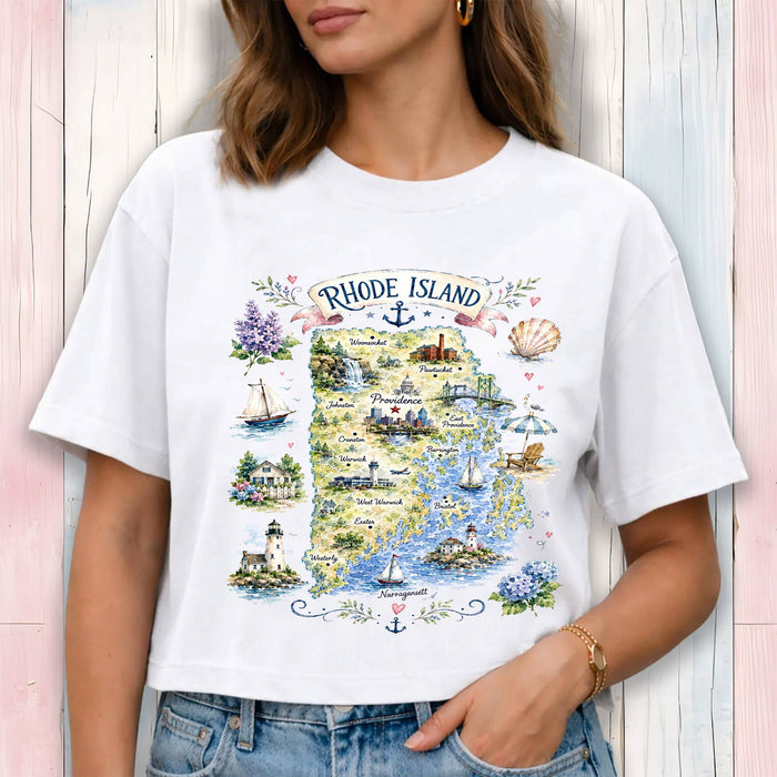 Rhode Island State Map Landmark Cropped T-Shirt