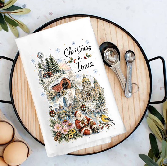Christmas in Iowa State Map Tea Towel
