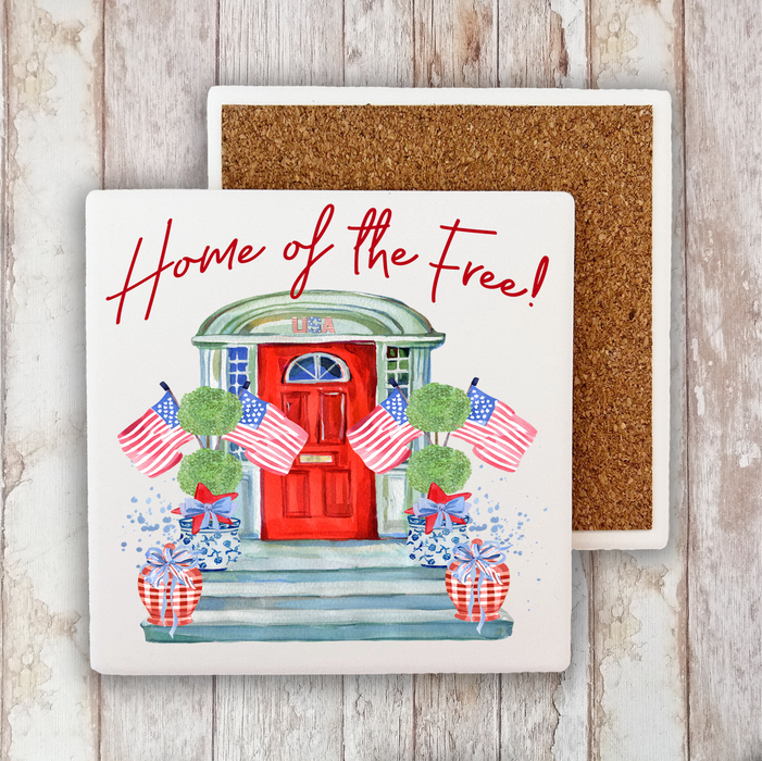 Patriotic Red Door Home of the Free Stone Coaster