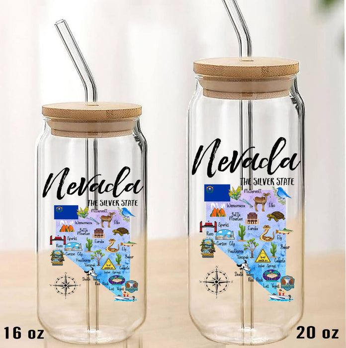 Nevada State Map Can Glass with Lid and Straw
