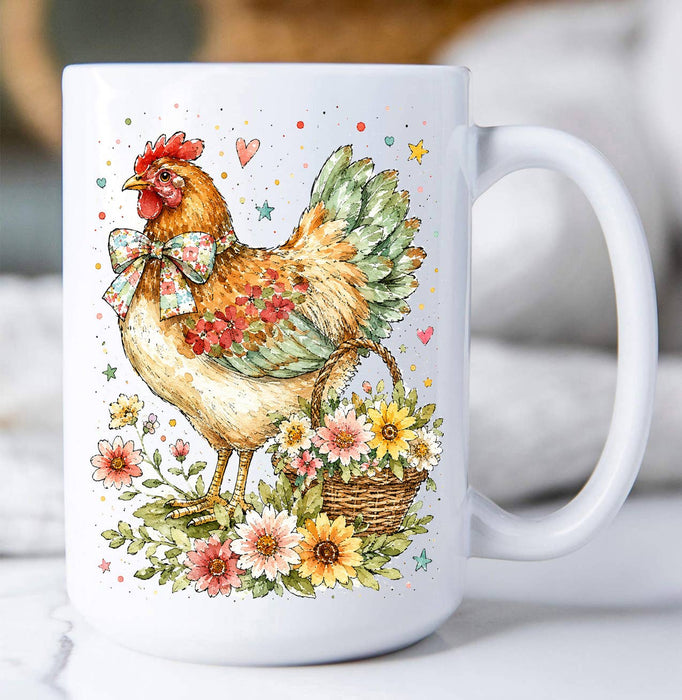 Watercolor Country Hen Flowers Coffee Mug