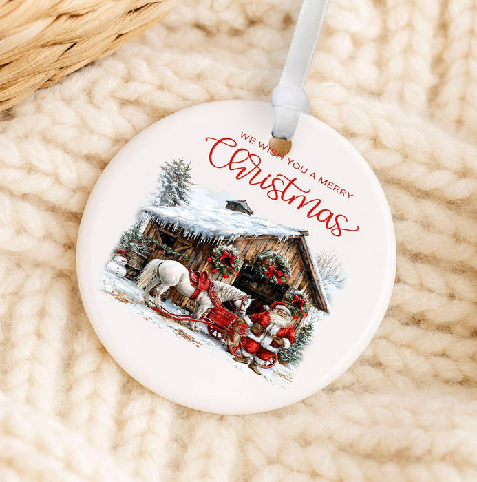 Merry Christmas Horse Barn Santa Ornament