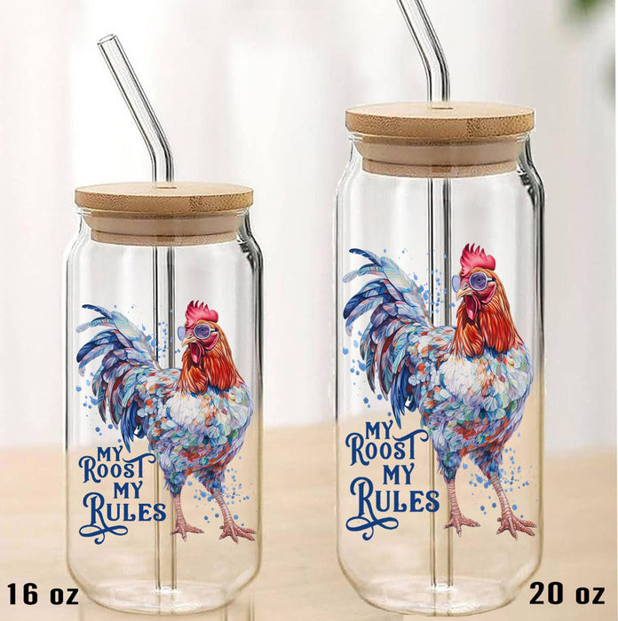 My Roost My Rules Country Rooster Can Glass with Lid Straw