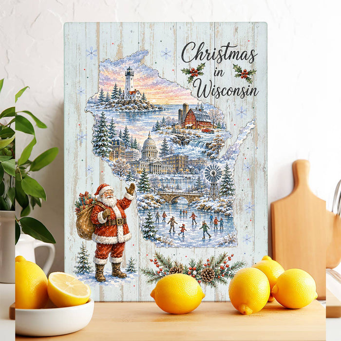 Christmas in Wisconsin State Map Glass Cutting Board