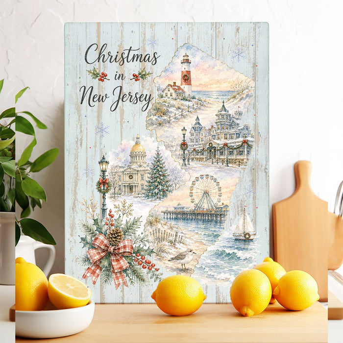 Christmas in New Jersey State Map Glass Cutting Board