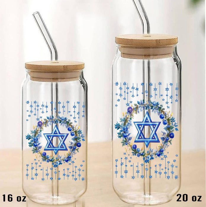 Hanukkah Star of David Can Glass with Lid Straw