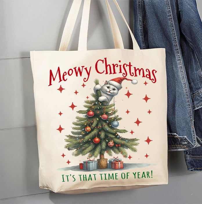 Meowy Christmas Cat Attaching Tree Canvas Tote Bag