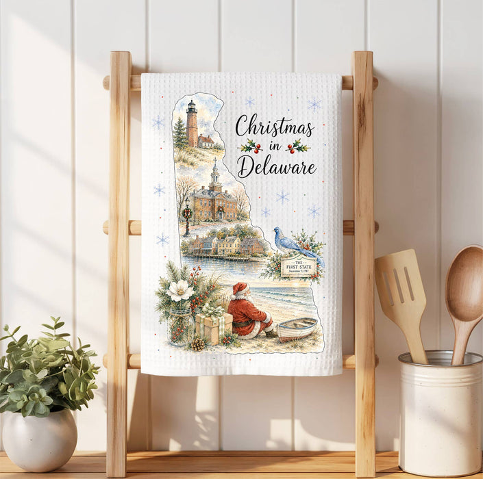 Christmas in Delaware State Map Waffle Weave Towel