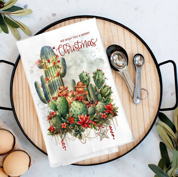 Merry Christmas Cactus Flowers Tea Towel