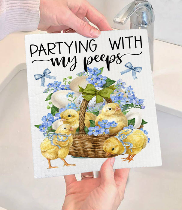Partying with my Peeps Easter Chicks Swedish Dishcloth