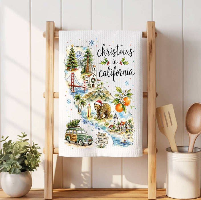 Christmas in California State Map Waffle Weave Towel