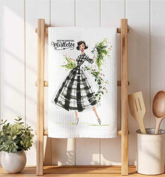 Retro Christmas Meet me Mistletoe Waffle Weave Towel