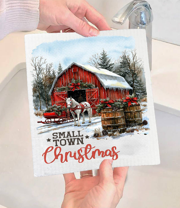 Small Town Christmas Horse and Barn Swedish Dishcloth