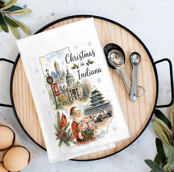 Christmas in Indiana State Map Tea Towel