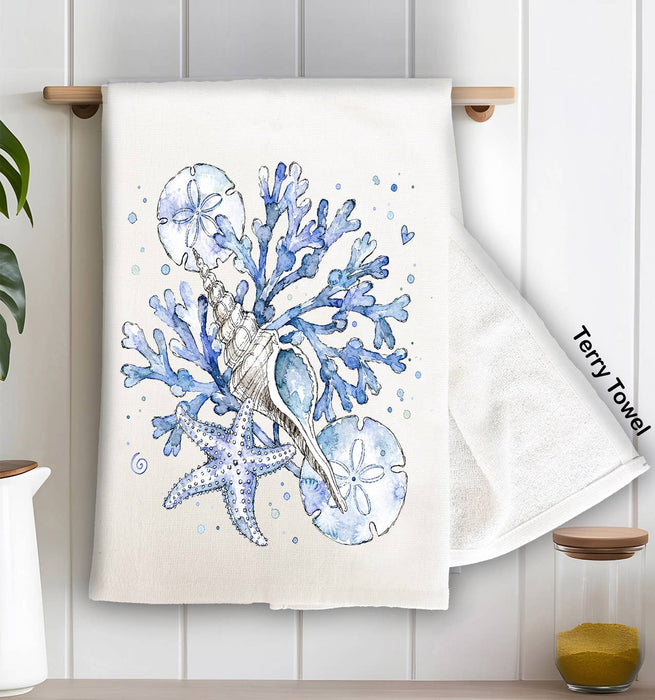 Coastal Blue Sand Dollar Sea Shells Kitchen Terry Towel