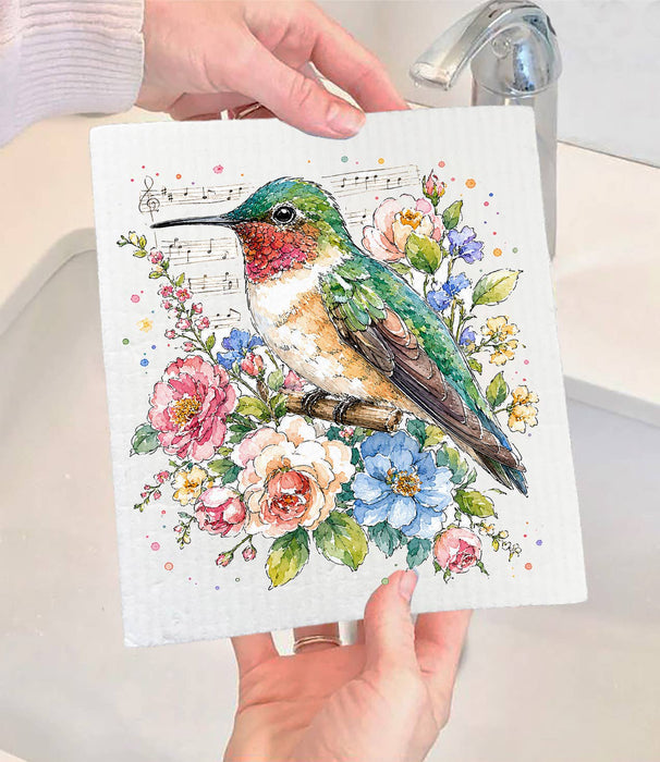 Spring Flowers Hummingbirds Musical Swedish Dishcloth